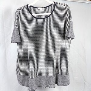 Eileen Fisher Organic Linen Striped‎ Boxy Knit Top Black White Large Capsule
